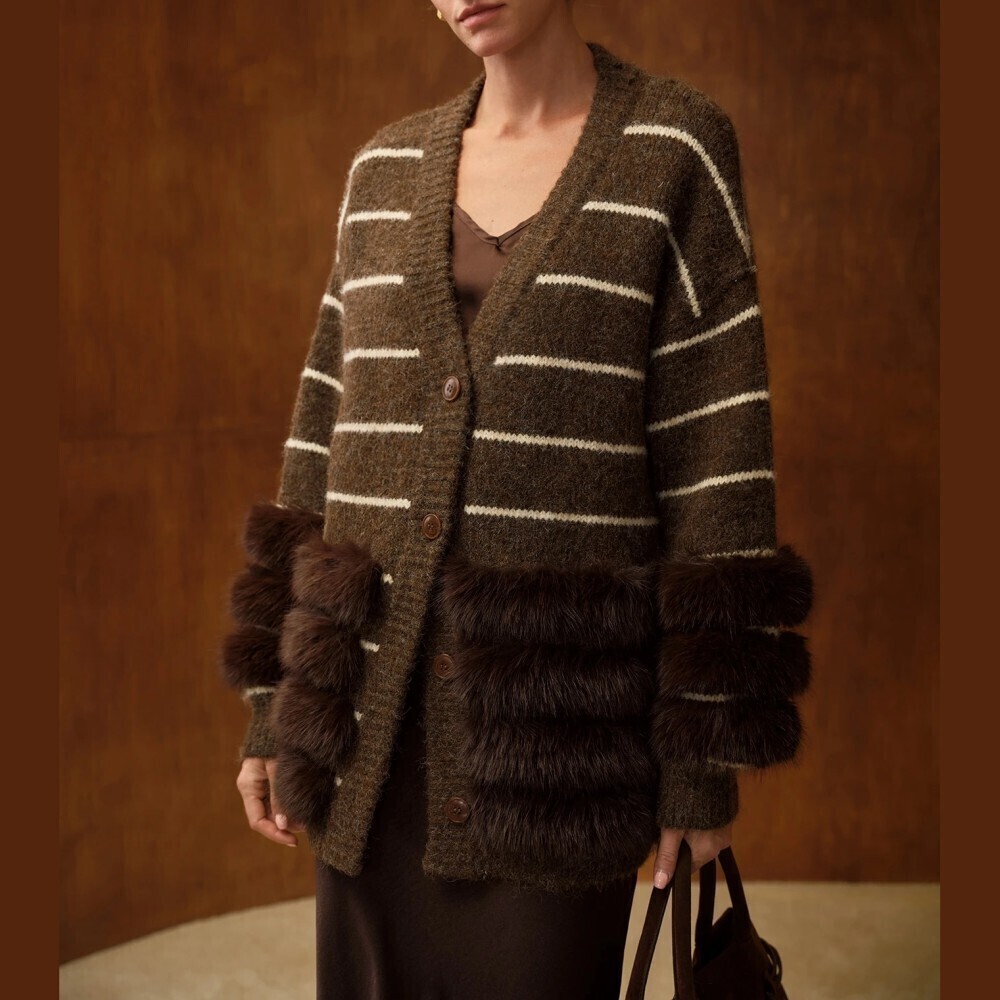 Brown / Cream Striped Faux Fur Trim Oversized Button Front Cardigan